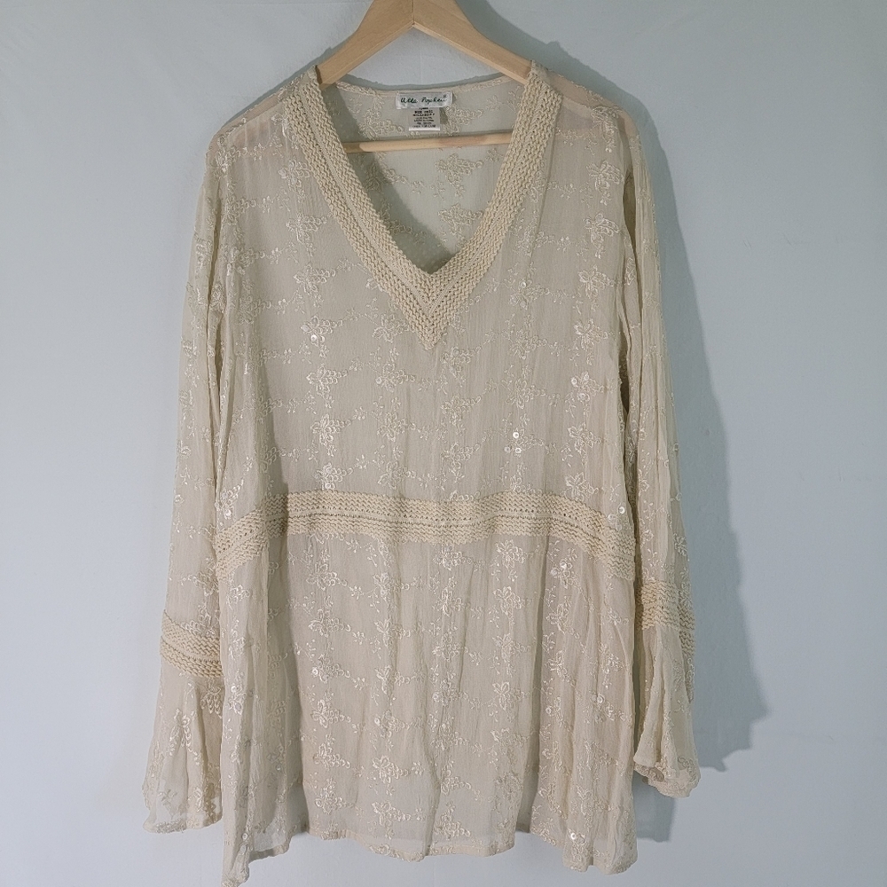 Ulla Popken Women's Plus Sz Off-White Floral Embroidered Relaxed Fit Tunic 20/22
